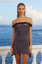 Polka Dot Off Shoulder Lace Band Cut Out Bodycon Mini Dress