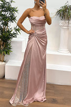 Strapless Rhinestone Mesh Corset Bodice Draped Satin Side Slit Maxi Gown