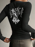 Cross Print V Neck Breasted Long Sleeve Knit