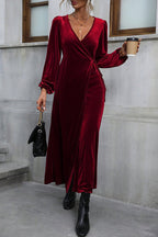 Velvet Wrap Deep V-Neck Bishop Sleeve Tie Waist High Split Maxi Dress