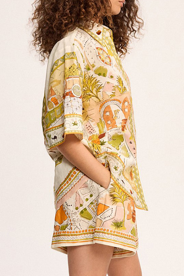Tropical Vegetation Print Loose Button Elastic Waist Shorts Set