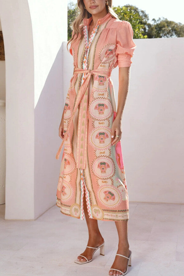 Unique Printed Puff Sleeve Button Lace Up Vacation Maxi Dress
