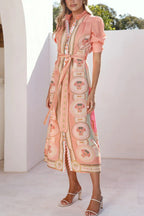 Unique Printed Puff Sleeve Button Lace Up Vacation Maxi Dress