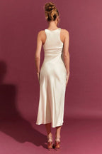 Satin High Neck Sleeveless Slip Midi Dress
