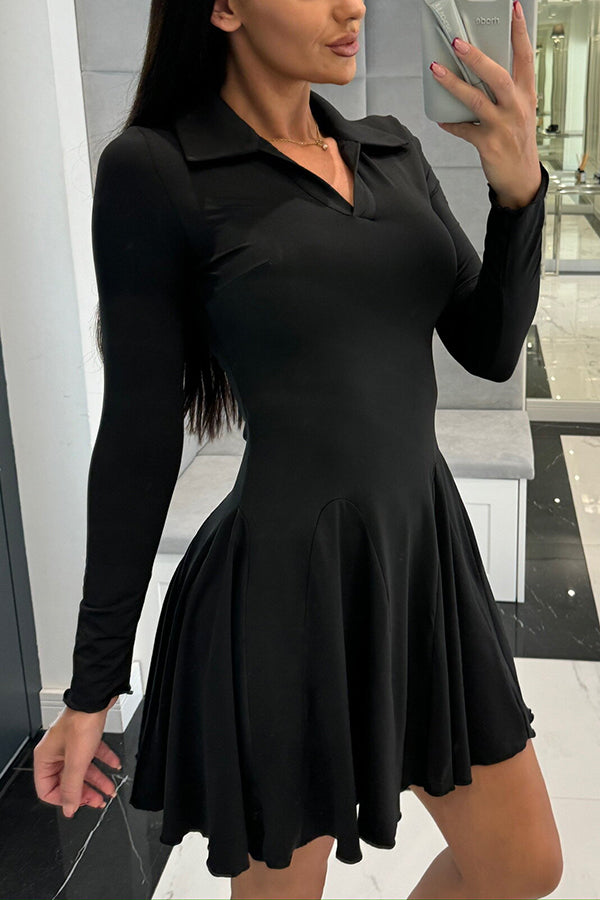 Polo Collar Deep V-Neck Paneled Skater Lettuce Hem Mini Dress