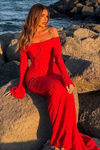 Lace Off Shoulder Ruffle Trim Long Bell Sleeve Vertical Panel Mermaid Maxi Dress
