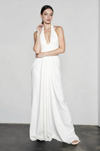 Halter Neck Deep V-Neck Draped Ruched Hip Column Maxi Gown