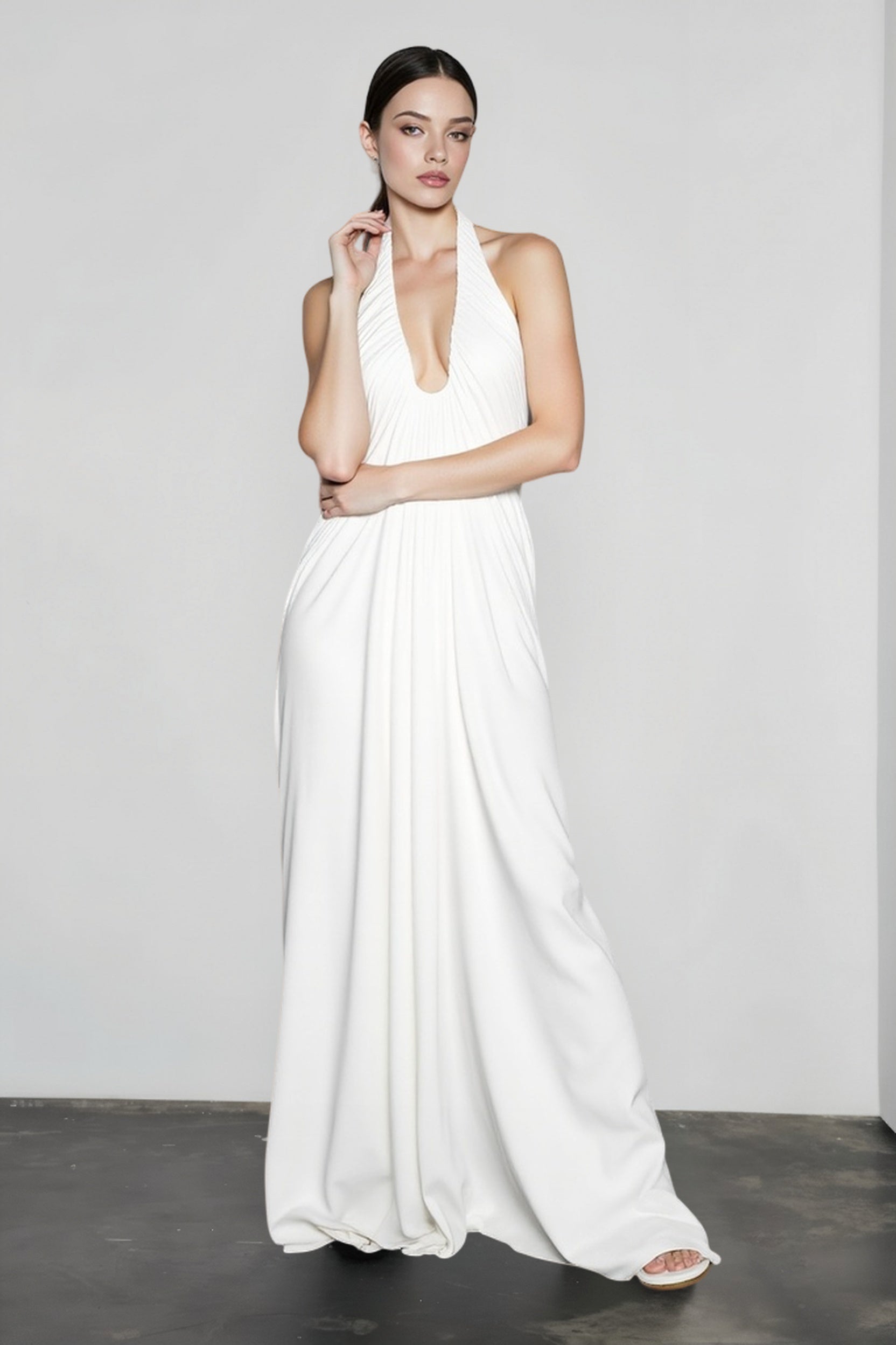 Halter Neck Deep V-Neck Draped Ruched Hip Column Maxi Gown