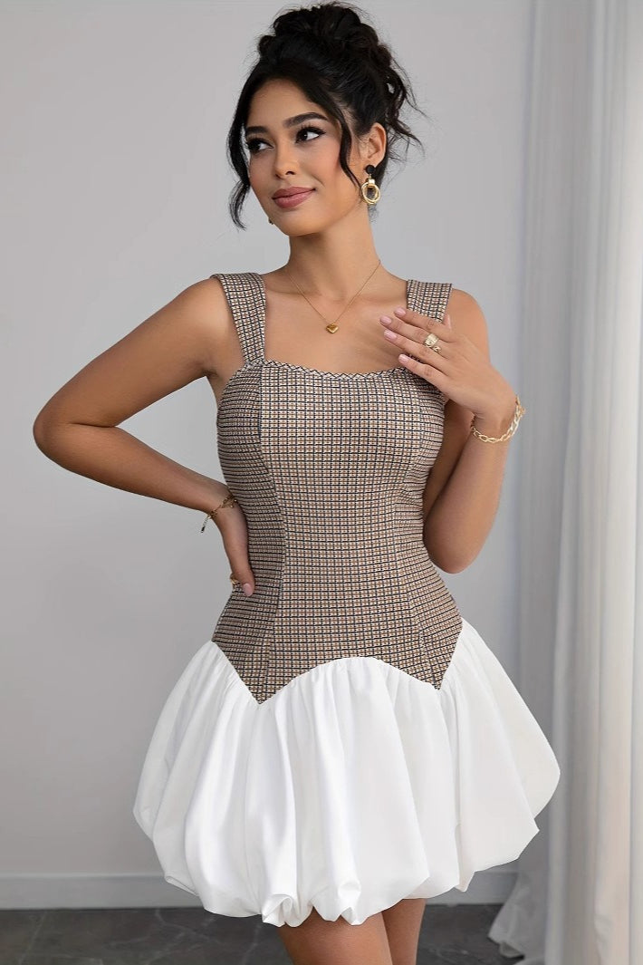 Plaid Square Neck Bubble Hem Fit and Flare Mini Dress