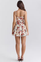Red Sweetheart Neck Lace Trim Bustier Tulle Underskirt Floral Print Mini Dress
