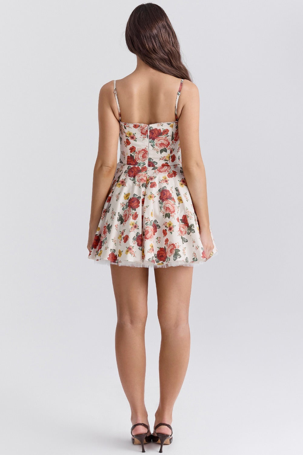 Red Sweetheart Neck Lace Trim Bustier Tulle Underskirt Floral Print Mini Dress