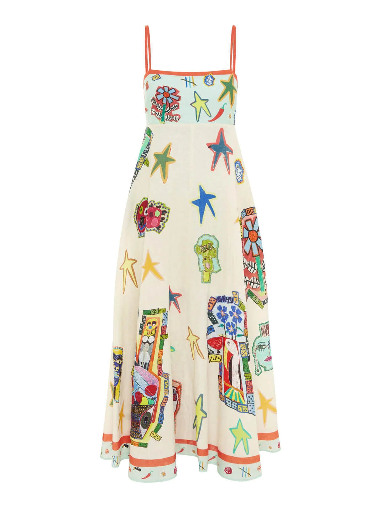 Spaghetti Strap Square Neck Folk Art Graphic Print Midi Dress