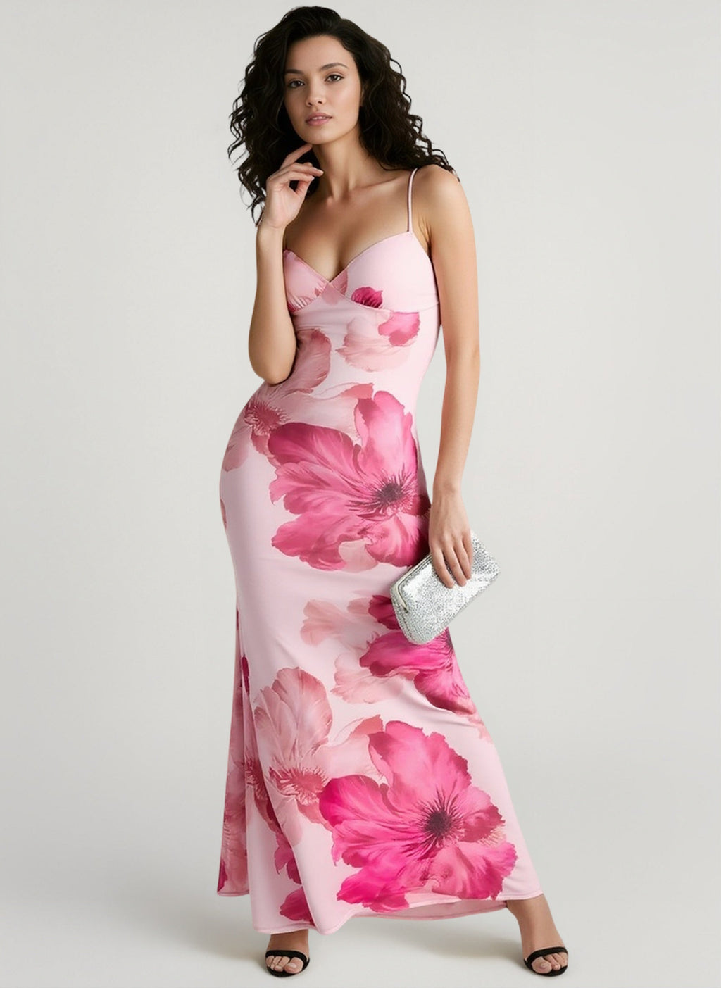 Large Floral Print Spaghetti Strap V-Neck Bodycon Maxi Dress