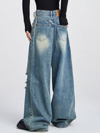 Loose high-waisted versatile straight leg Ripped Jeans