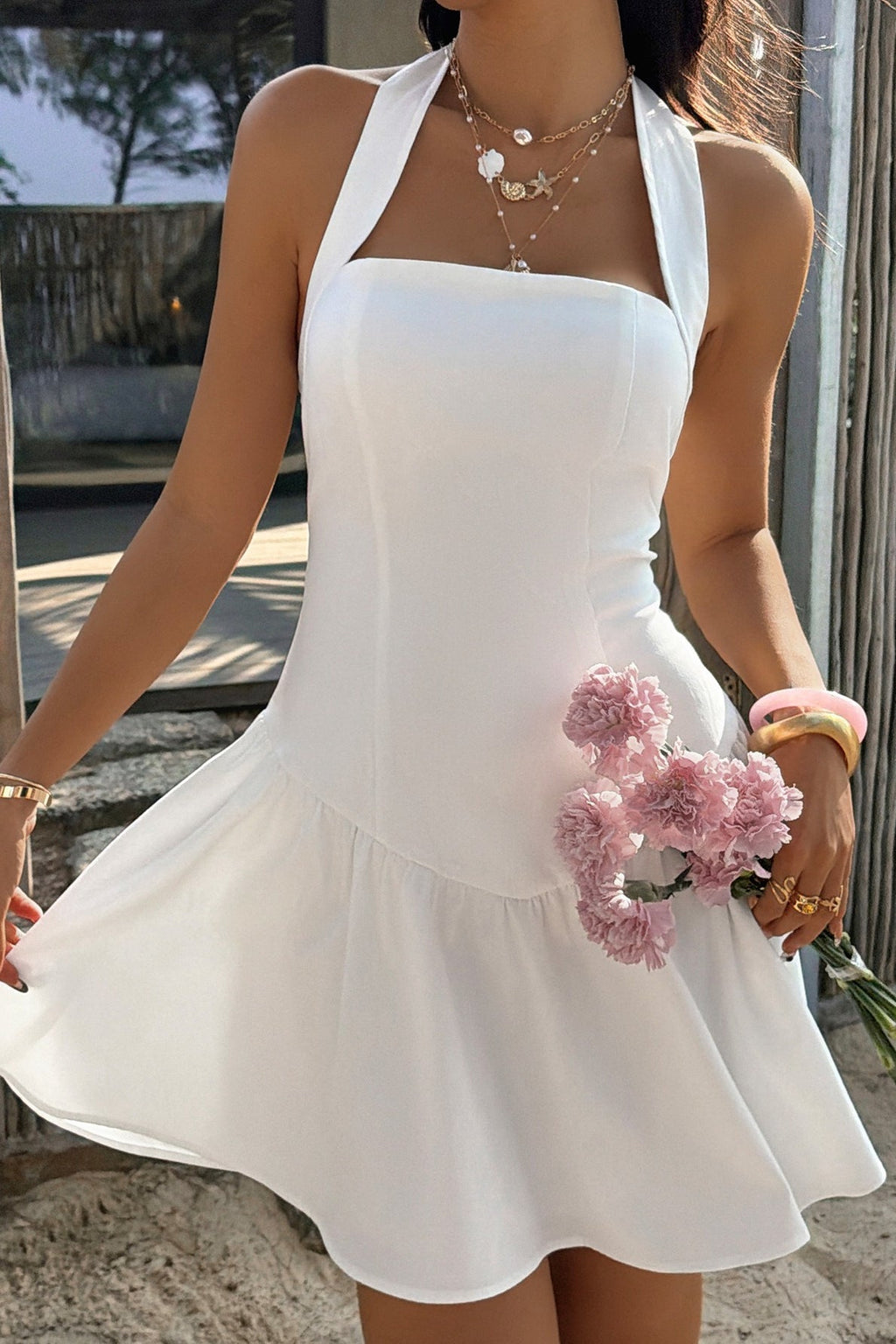 White Halter Neck Square Neck Ruffle Hem Mini Dress