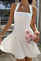 White Halter Neck Square Neck Ruffle Hem Mini Dress