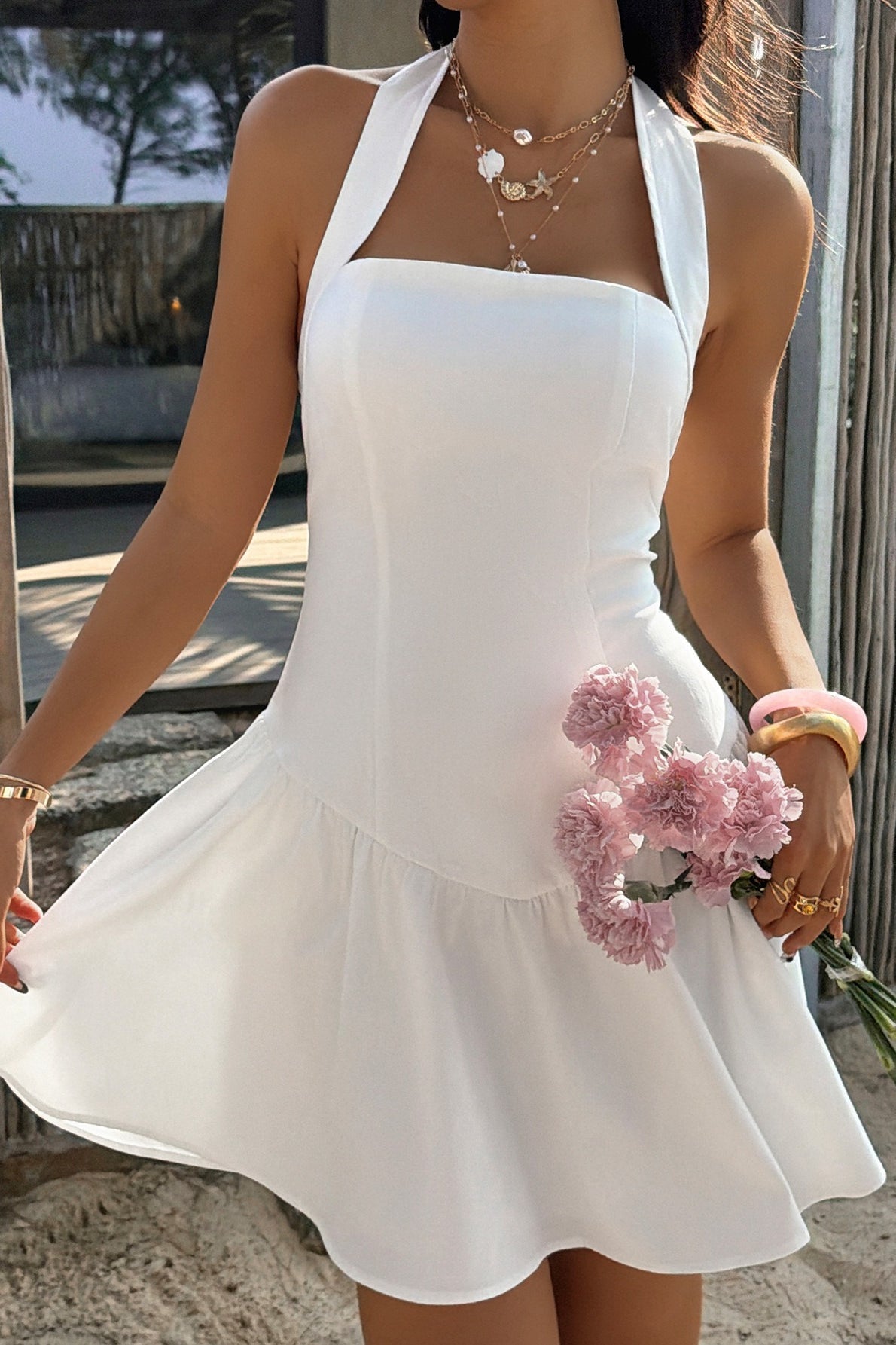White Halter Neck Square Neck Ruffle Hem Mini Dress