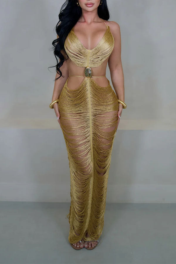 Tulum Goddess Hollow-Out Fringe Dress