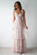 Pink Sweetheart Corset Bow Shoulder Strap Tiered Ruffle Maxi Dress