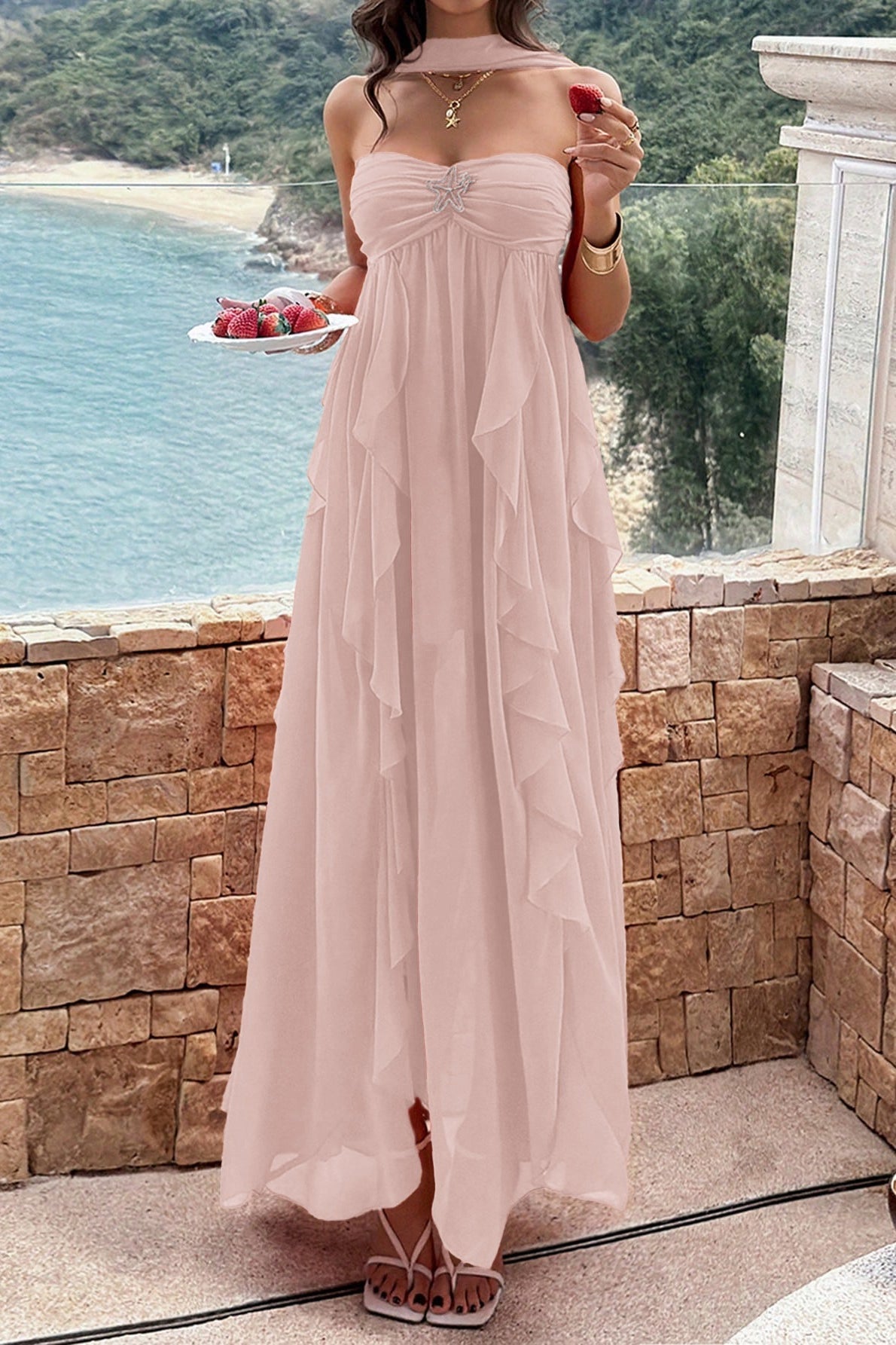 Strapless Starfish Detail Tiered Ruffle Chiffon Maxi Dress