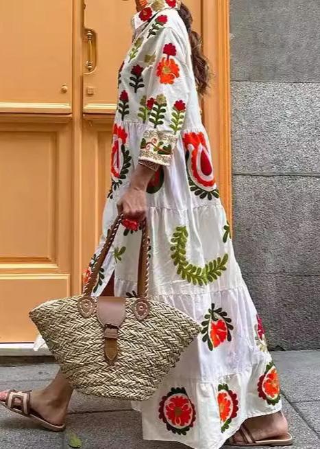 Suzani Floral Embroidery Tiered Collar Long Sleeve Maxi Shirt Dress