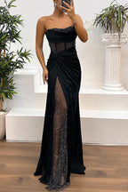 Strapless Rhinestone Mesh Corset Bodice Draped Satin Side Slit Maxi Gown