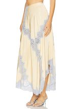 Wine Tasting Contrast Color Satin Lace Trim Irregular Hem Drape Midi Skirt