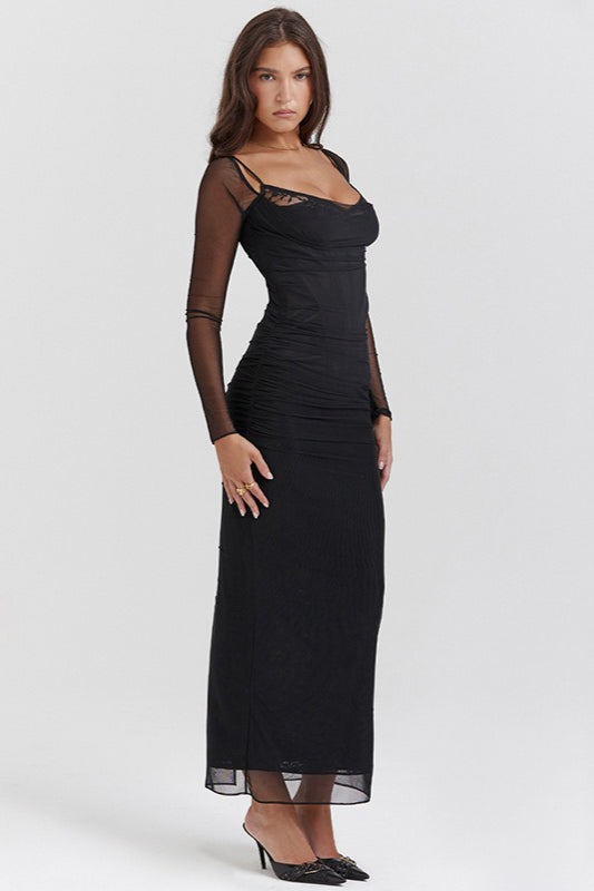 Mesh Ruched Corset Sweetheart Lace Trim Long Sleeve Bodycon Maxi Dress
