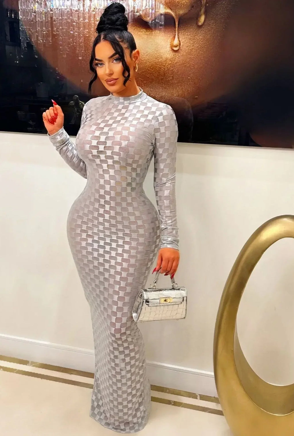 Checkered Mesh Mock Neck Long Sleeve Bodycon Maxi Dress