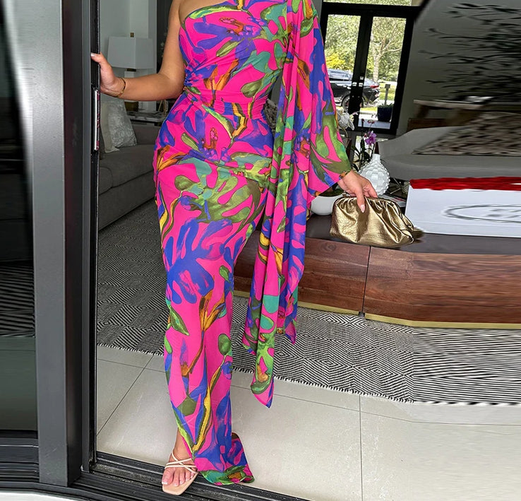 Floral Print One Shoulder Draped Cape Sleeve Bodycon Maxi Dress