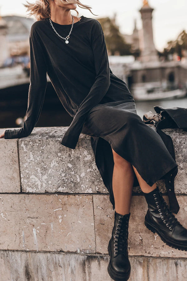 Round Neck Long Sleeve Relaxed Side Slit Maxi Dress