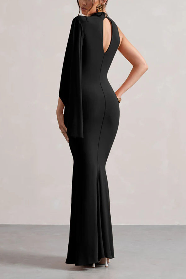 Mock Neck One Shoulder Ruffle Sleeve Mermaid Hem Maxi Gown