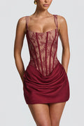Cornelia Floral Lace Contrast Structural Detail Back Lace-up Satin Hem Mini Dress