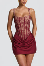 Cornelia Floral Lace Contrast Structural Detail Back Lace-up Satin Hem Mini Dress