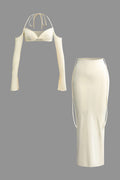 Twist Tie Halter Long Sleeve Bra Top And Maxi Skirt Set