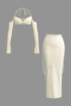 Beige Twist Tie Halter Long Sleeve Bra Top & Maxi Skirt Set