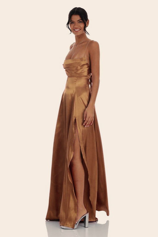 Satin Square Neck High Split Bodycon Party Dress