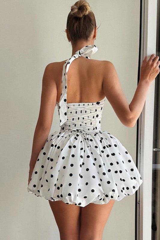 Polka Dot Halter Neck Lace Up Back Bubble Hem Fit and Flare Mini Dress