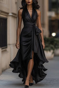 Solid Color Satin V-neck Sleeveless Elegant Ruffle Maxi Dress