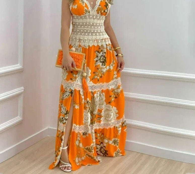 Crochet Lace Bodice Tiered Floral Print High Split Maxi Dress