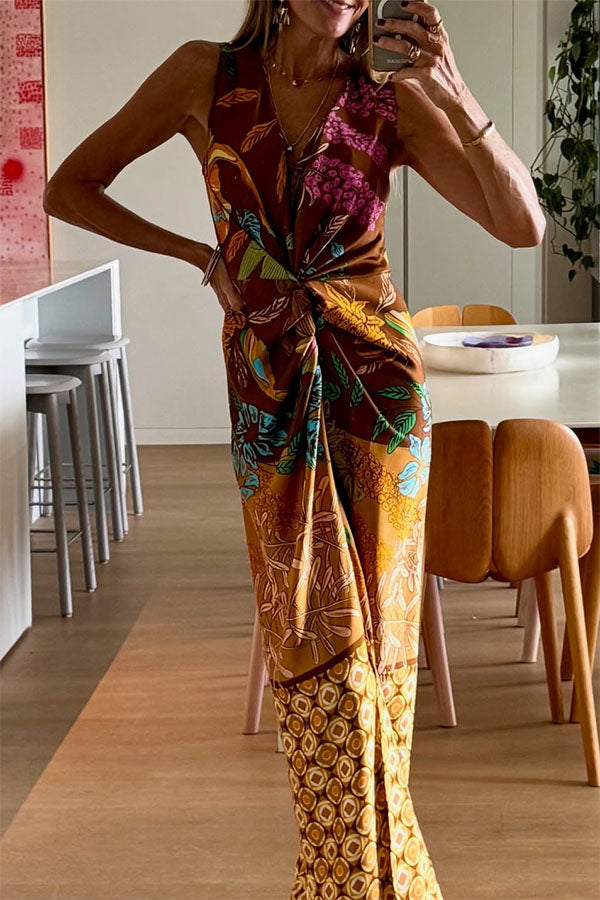 Naturally Inspired Satin Unique Floral Print Twist Waist Slit Drape Maxi Dress