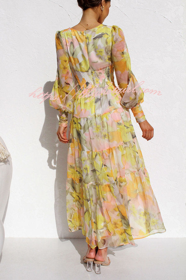 Abstract Floral Print V-Neck Bishop Sleeve Wrap Waist Tiered Maxi Dress