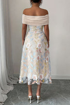 Elegant Ruched Off-Shoulder Floral Appliqué Midi Dress