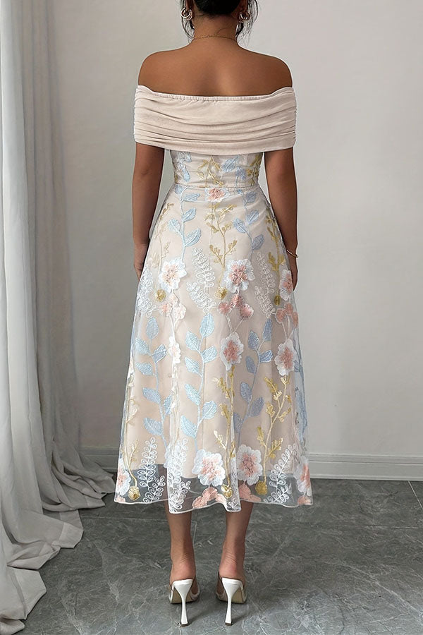 Elegant Ruched Off-Shoulder Floral Appliqué Midi Dress