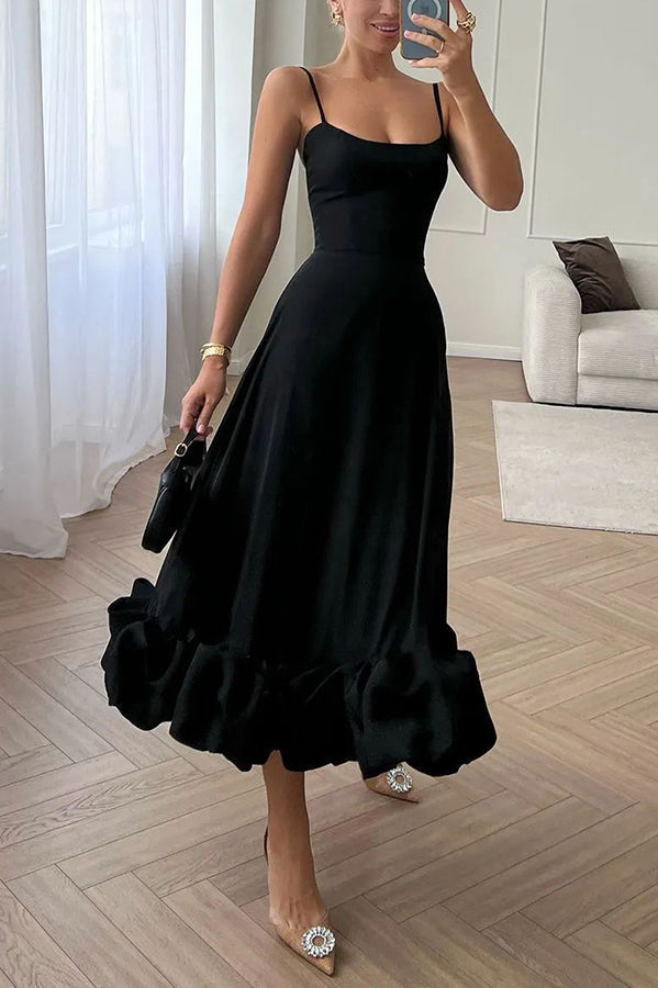 Spaghetti Strap Scoop Neck Ruffled Flounce Hem A-Line Maxi Dress