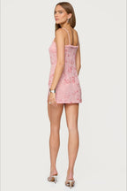 Lettuce Edge Neck Beaded Floral Sequin Side Slit Bodycon Mini Dress