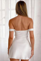 Strapless Off Shoulder Ruffled Satin Bodycon Mini Dress