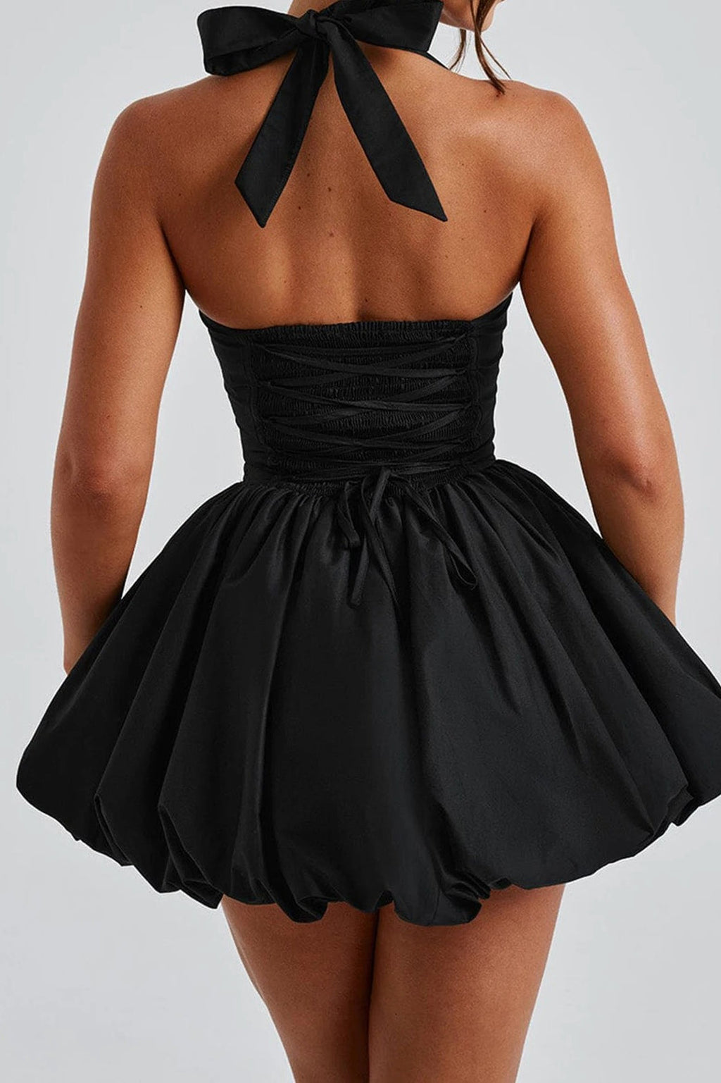 Halter Neck Lace Up Back Bubble Hem Fit and Flare Mini Dress