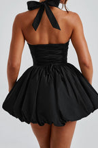 Halter Neck Lace Up Back Bubble Hem Fit and Flare Mini Dress
