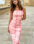 Ruched Floral Print Square Neck Spaghetti Strap Bodycon Midi Dress